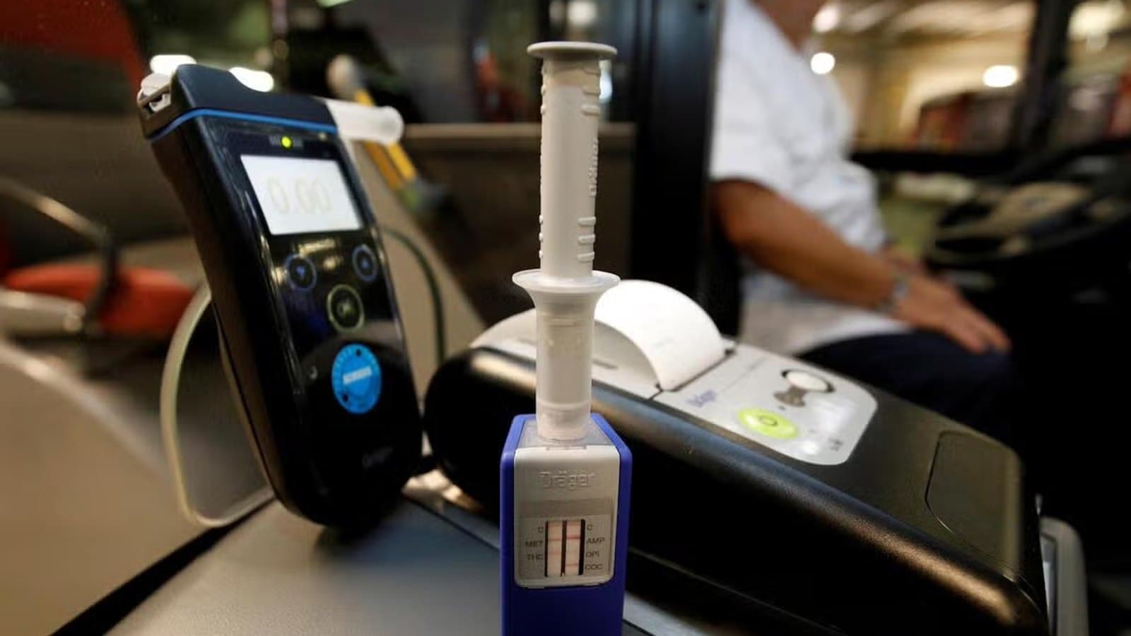 A Compagnie des Autobus de Monaco bus driver's cab, illustrating the company's new random drug and alcohol testing programme.