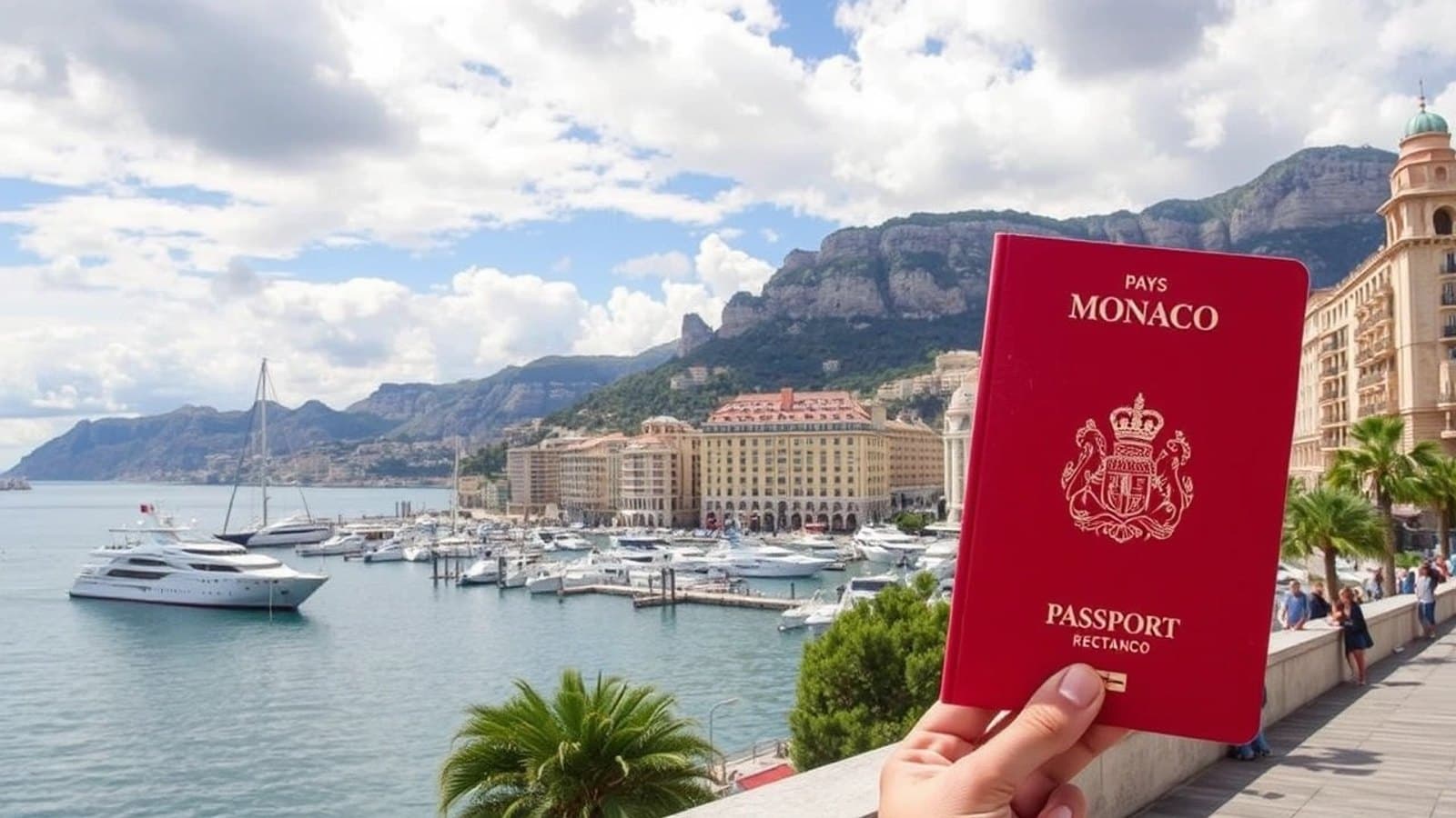 A hand holding a red Monaco passport up against a view of Port Hercule, with superyachts moored in the marina and the Rock of Monaco in the background.