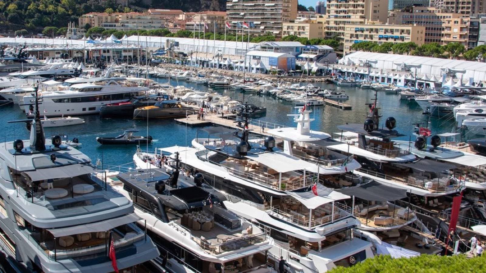 An aerial view of superyachts moored along the Dockside Area at Port Hercule during the Monaco Yacht Show.