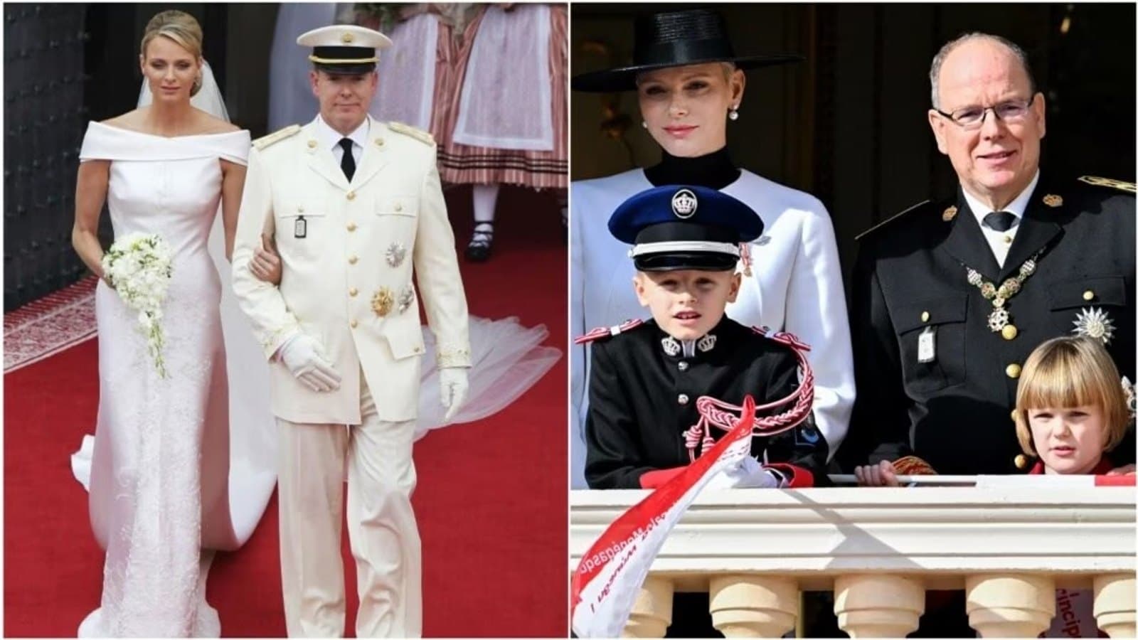 A collage of Princess Charlene of Monaco on her wedding day beside Prince Albert II in 2011, and the couple with their twins Jacques and Gabriella on the palace balcony.