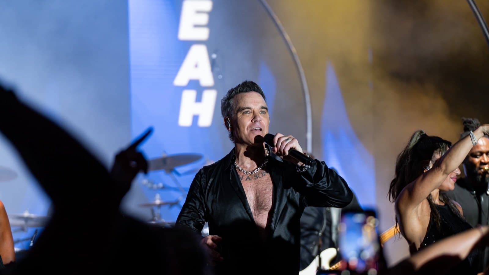 Robbie Williams performing on stage at Romazzino in Porto Cervo during the BIG ART Festival.