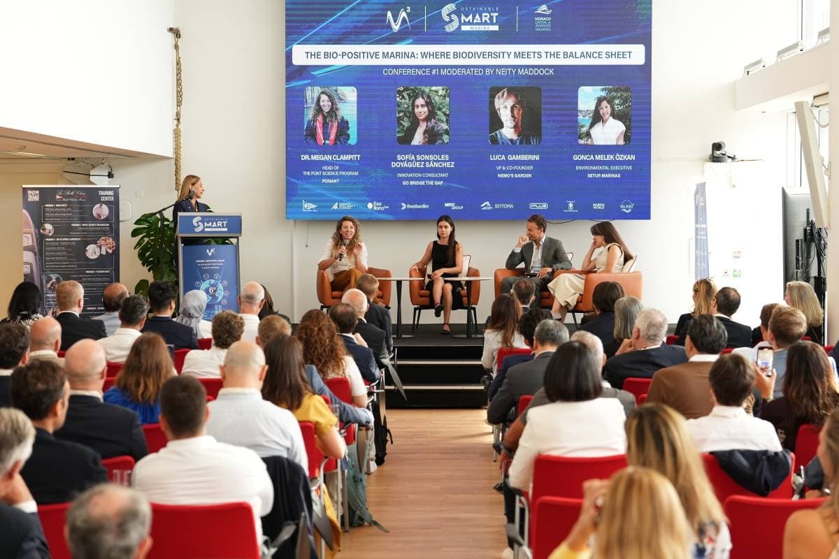 A panel on the bio-positive marina at the Monaco Smart and Sustainable Marina Rendezvous, with the audience seated at the Yacht Club de Monaco