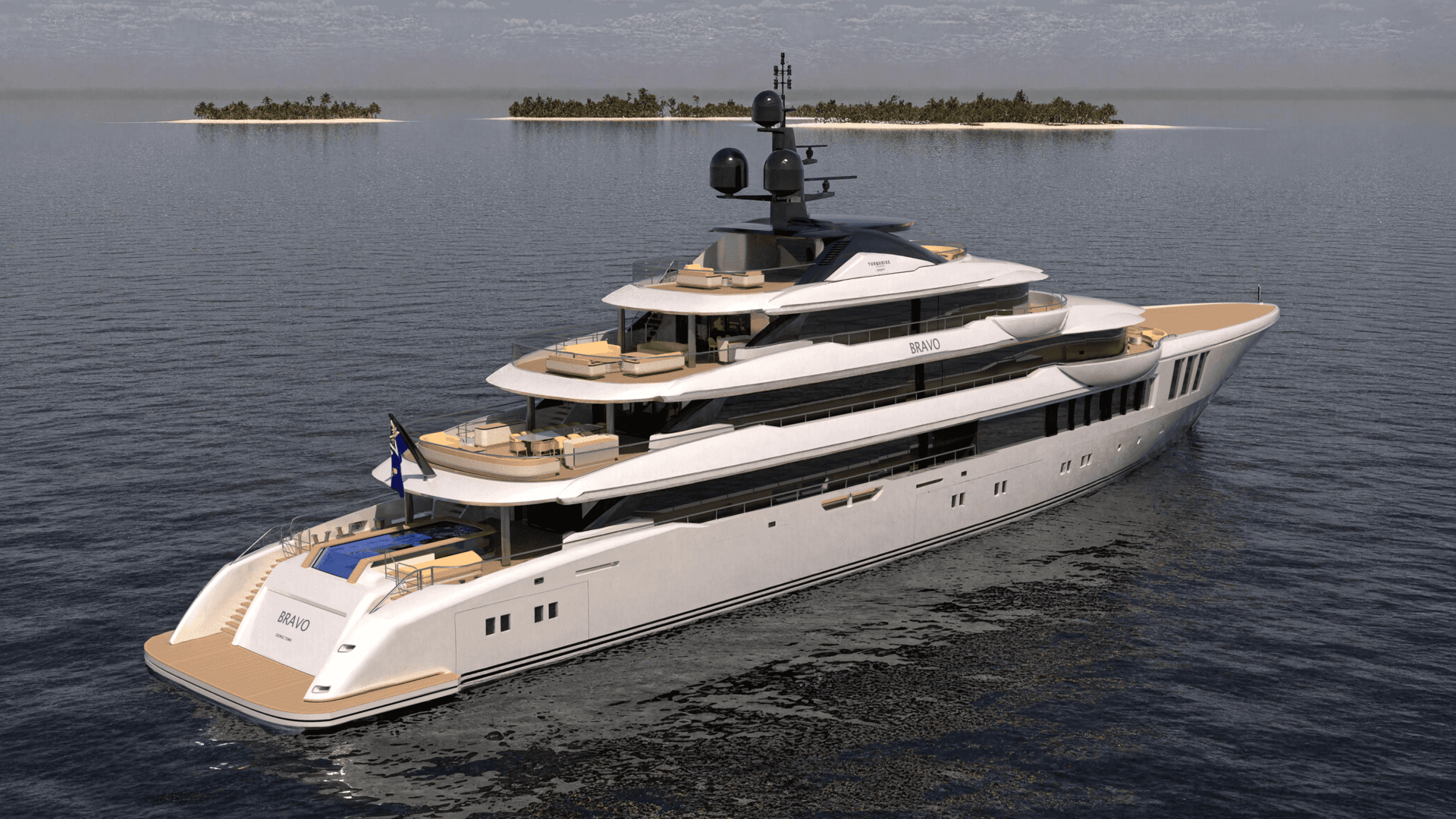 Rendu du yacht Bravo, de Turquoise Yachts, naviguant près d'îlots tropicaux